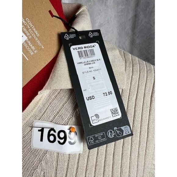 New VERO MODA Women's Size M MILLA V-neck Light Brown Knit Dress - Picture 4 of 6